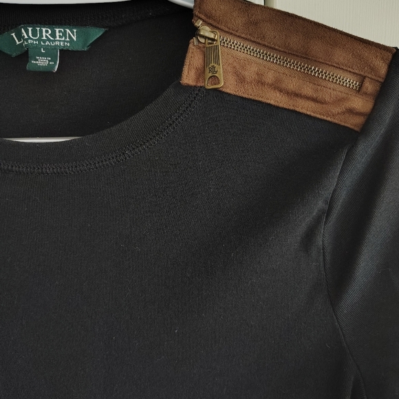Lauren Ralph Lauren Black Long Sleeve Jersey Top With Suede Elbow Patches L - Picture 5 of 8